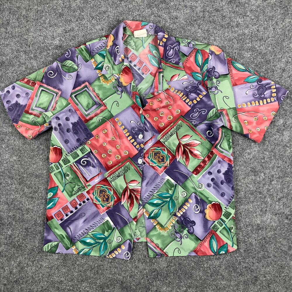 Koret Blouse Womens Size 14 Multicolor Abstract Patchwork Short Sleeve Vintage